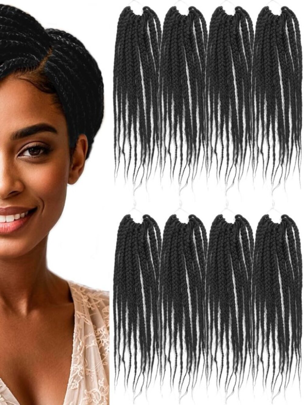 Brand New 8" Crochet Box Braids – 8 Packs, 1B Natural Black, Pre-Looped